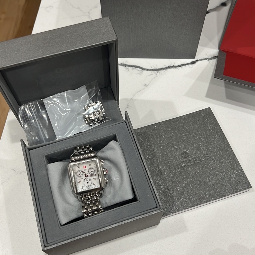 MICHELE Deco 18 Stainless Steel Diamond Detail Watch